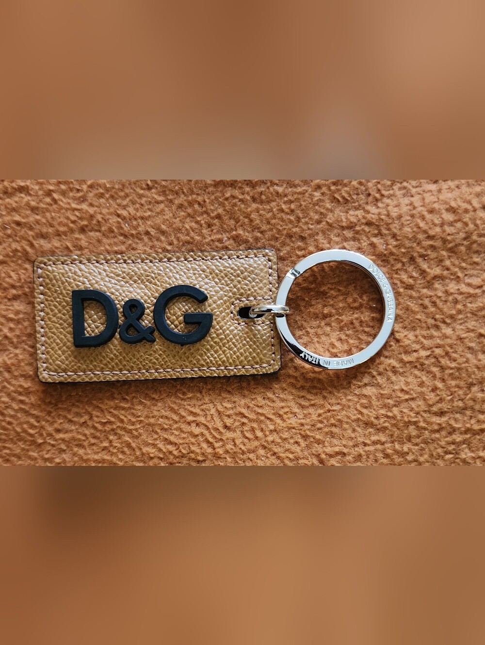 Dolce Gabbana Tan Leather Key Tag with Black Logo and Silver Unisex Key Ring